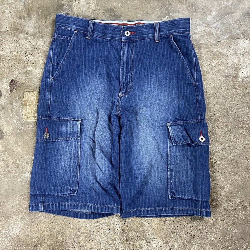 Vintage 90s Tommy Hilfiger Cargo Jean Shorts Size 32 Blue Denim Medium Wash Flag